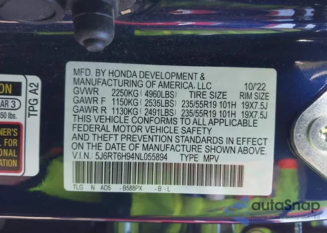 2022 Honda Cr-V Hybrid Touring из США, поврежденный, VIN 5J6RT6H94NL055894